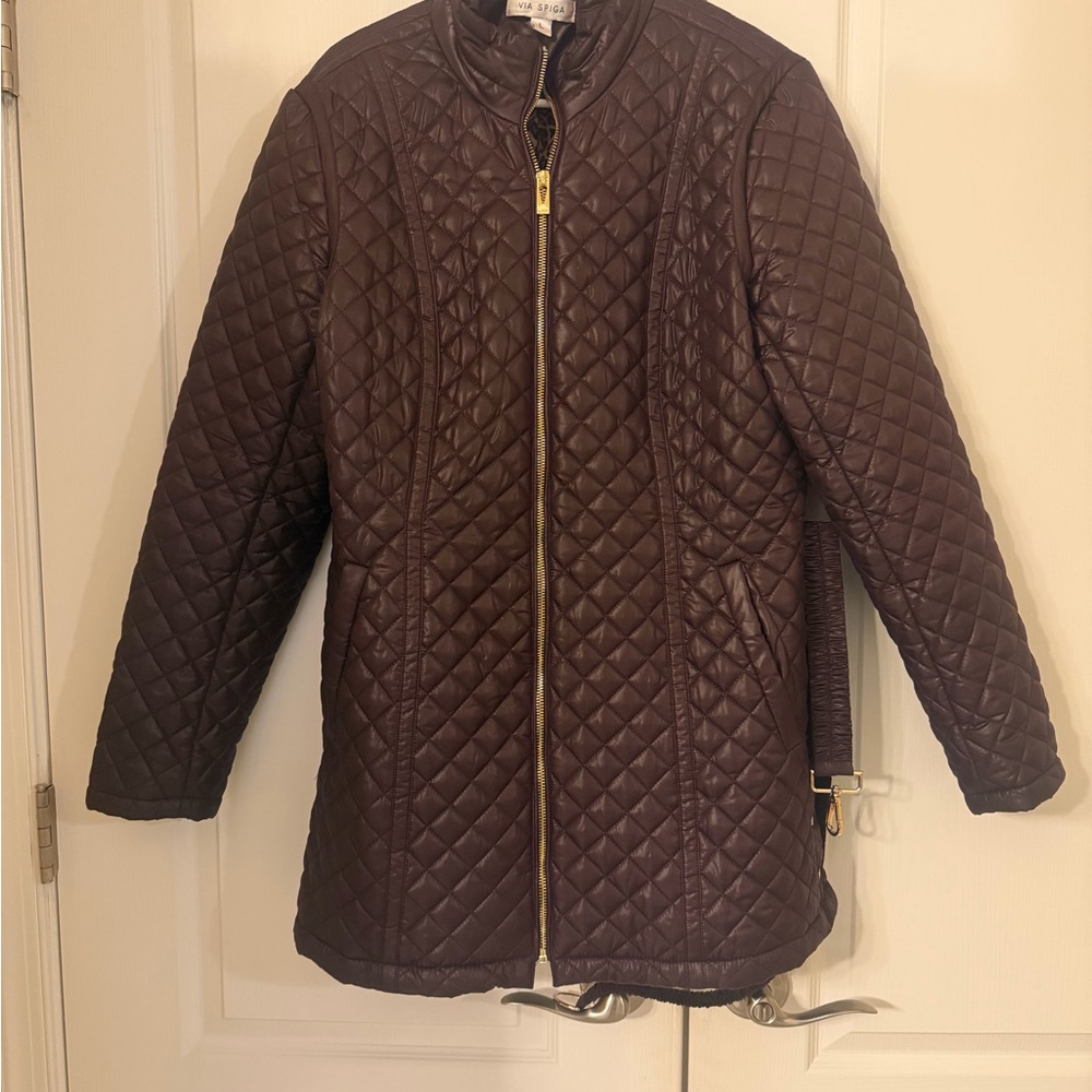 Via Spiga Burgundy Quilted Jacket with gold belt detail!